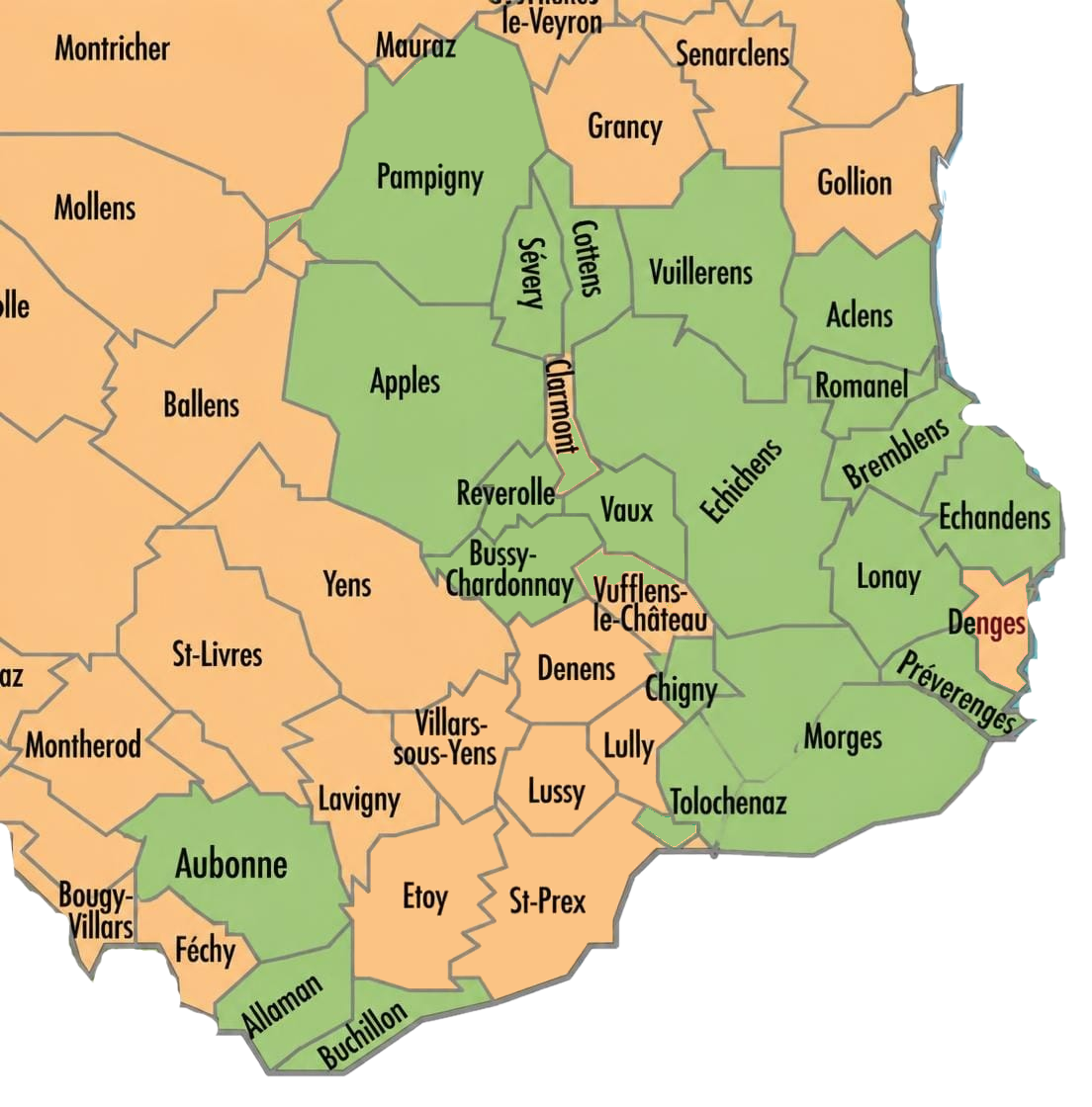 Carte des communes partenaires du district de Morges couvertes par le registre partagé